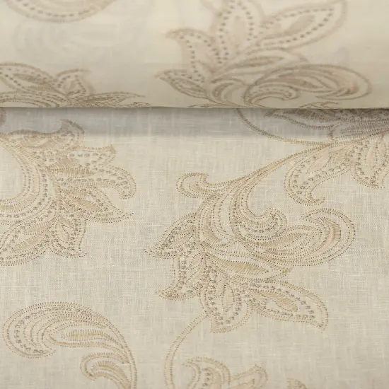 1 Yard White Sand Pure Linen Foliage Embroidered Fabric Midweight Woven 54 Inch Width Beige {2}