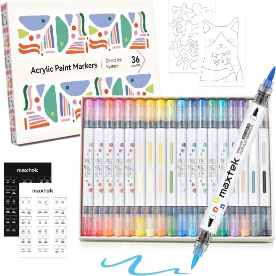 36-Color Acrylic Markers for Rock Painting, Dual Brush Tip Acrylic Pens, Waterproof Paint Markers {1}