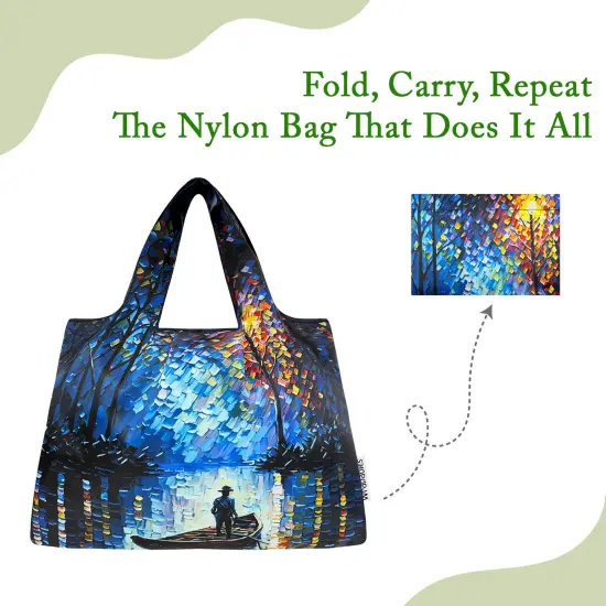 Wrapables Large Foldable Oil Painting Nylon Reusable Grocery Bag, Serene Rowboat {4}