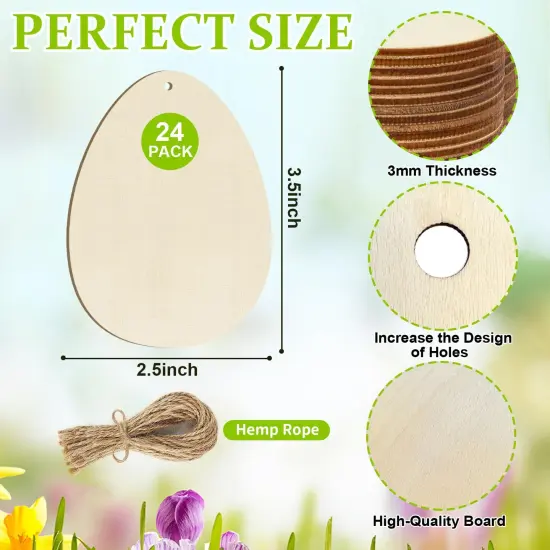 Wooden Egg Ornaments to Paint Easter Decoration Cutouts Unfinished 24PCS 3.5 x 3 inches, DIY Blank Unfinished Wood Discs Ornament for Home Crafts Hanging Spring St. Patrick Day Decoration {2}