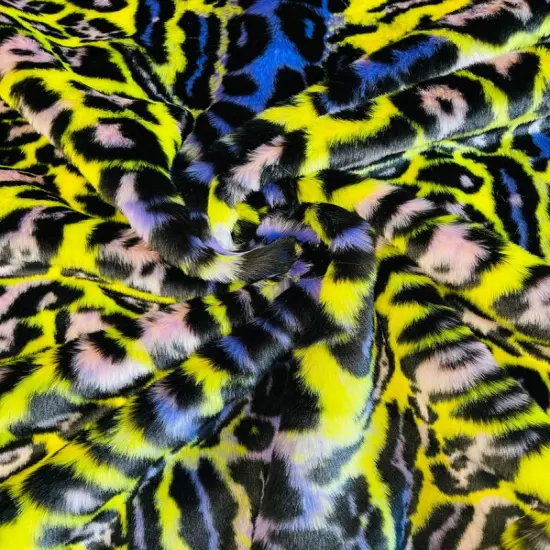 1 Yard Leopard Tie Dyed Faux Fur Fabric Black Light Reflective for Costumes and Decor Orange/Lime/Purple {3}