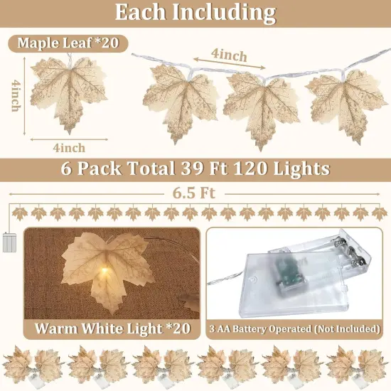 6 Pack & 120 LED Lights - Fall Garland Decorations - 39Ft {2}