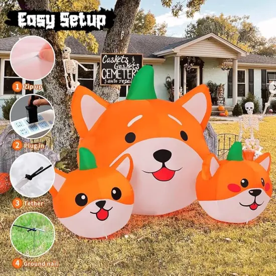 GOOSH 5 FT Long Halloween Inflatables Pumpkin Dog Blow Up Yard Dog Head Combo Decoration with Built-in LEDs {5}