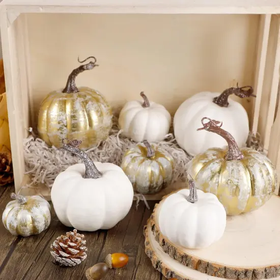 16 Pcs Golden and White Pumpkins Fall Table Mantle {3}