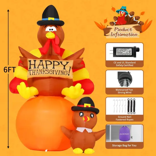 GOOSH 6 FT Thanksgiving Inflatables Turkey Blow Up Yard Turkey on Pumpkin with Turkey Baby with Built-in LEDs {6}