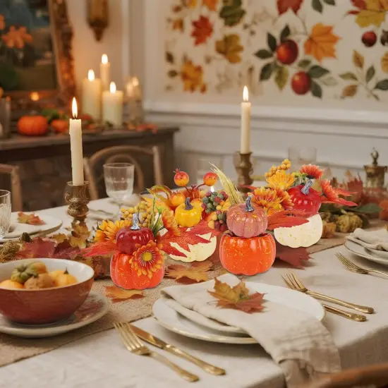 Set of 6 Artificial Pumpkins with Maple & Flowers Table Decor {3}