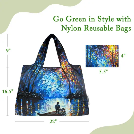 Wrapables Large Foldable Oil Painting Nylon Reusable Grocery Bag, Serene Rowboat {2}