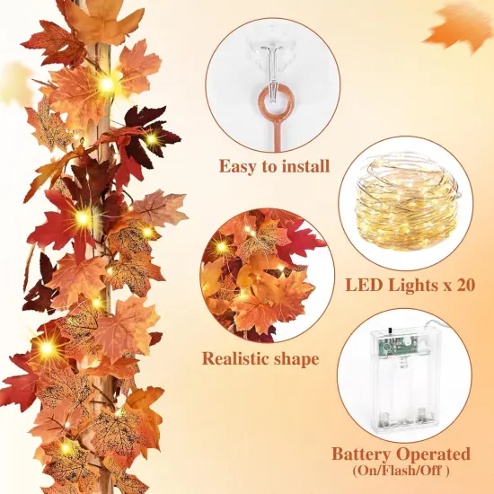 2 Pack Fall Garland with Lights - 5.7Ft (Red) {2}