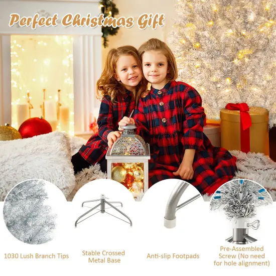 Pre-Lit Artificial Silver Tinsel Xmas Tree with 790 Branch Tips and 300 LED Lights {6}