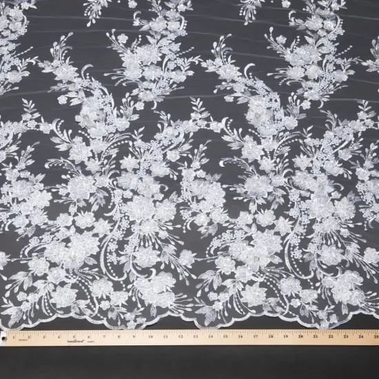 1 Yard Exquisite Embroidered Tulle Lace with Applique and 3D Design Fabric 52" Wide White {6}