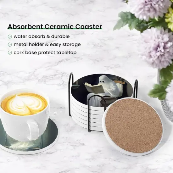 Halloween Ghost Coasters for Drinks Set of 6,Round Absorbent Ceramic {3}