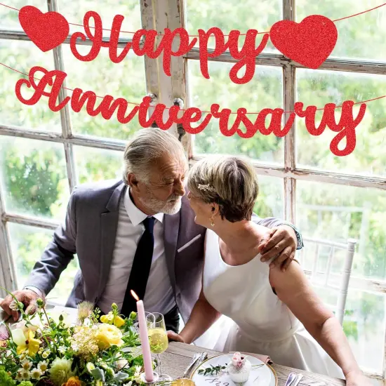 Red Glitter Happy Anniversary Banner - Pre-Strung Cardboard Letter Sign {4}