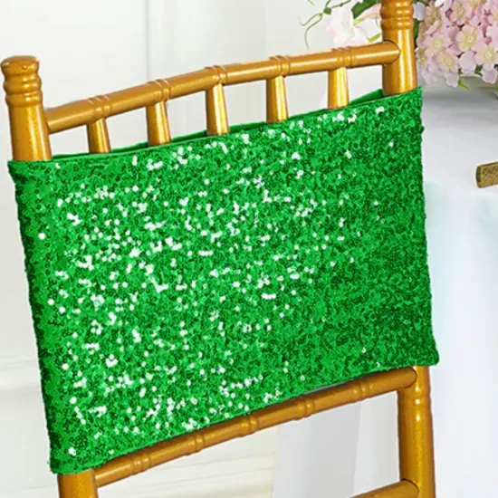 10 Pieces Radiant Emerald Green Sequin Stretch Spandex Chair Bands 7 x 13 Inches {4}