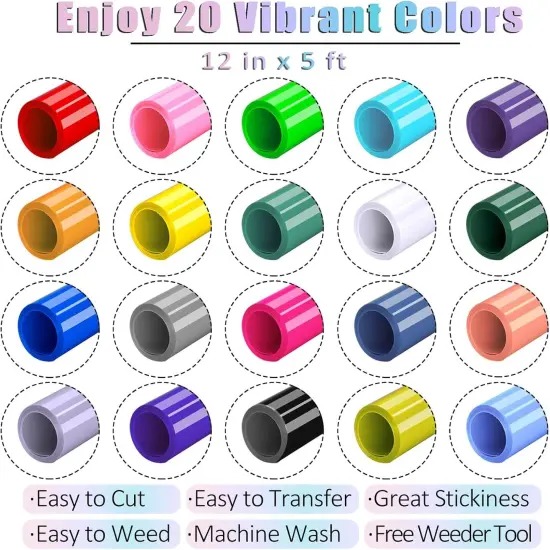 HTV Heat Transfer Vinyl Bundle - 20 Pack 12'' x 100 FT Heat Transfer Vinyl Rolls Bulk {2}