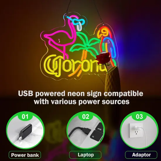 Summer Flamingo and Parrot Coro Neon Sign for Wall D&eacute;cor, Dimmable Beer Bar LED Man Cave Neon Light, USB Powered Neon Art Signs Decor Gifts {5}