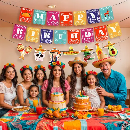 Fiesta Happy Birthday Banner - 15 feet, 3 String | Cinco De Mayo Theme, Mexican Fiesta Pinata Sombrero Garland for Mexican Birthday Party Decorations | Mexican Banner Fiesta Party Decorations {4}
