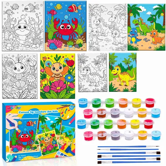 4 Pack Paint by Numbers for Kids, Pre-Drawn Canvas Painting Kit, Includes 12 Paints and 8 Brushes, DIY Painting for Classroom Games Home Wall Decor, Kids' Paint by Number Kits {2}