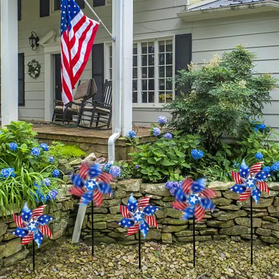 10 Pack Reflective Pinwheels Patriotic Decorations, American Flag on Stick Wind Spinner with Stake for Independence Day {4}