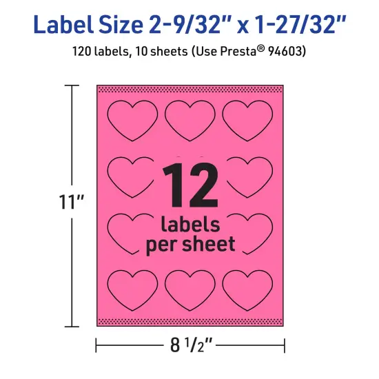 Avery Bright Pink Paper Labels, 2-9/32" x 1-27/32" Heart {5}