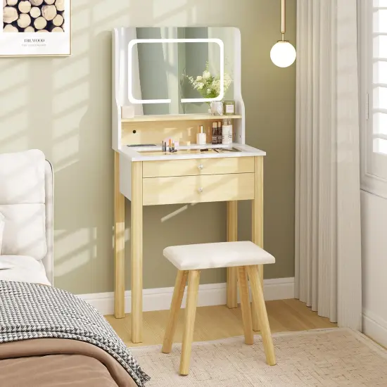 White Small Dressing Table Set with Adjustable LED Lighted Mirror and Power Outlets {2}