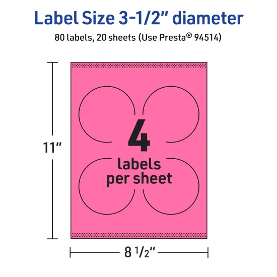 Avery Bright Pink Paper Labels, 3.5" Diameter Round {5}