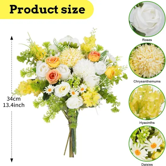 8Pcs Artificial Silk Rose Bouquet Yellow with Faux Lilac Floral Arrangements, White Flowers Picks for Home Table Centerpieces Summer Decorations {2}