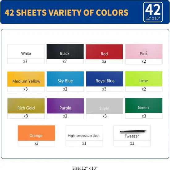 42 Pack 12"x10" Iron On Vinyl Sheets for Cricut/Silhouette with 13 Vibrant Colors {2}