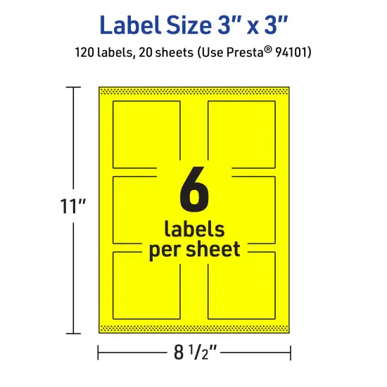 Avery Neon Yellow Paper Labels, 3" x 3" Square {5}