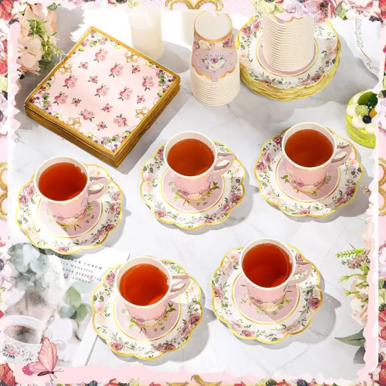 150 Pcs Tea Party Decorations for Tables 9 oz Floral Disposable Paper Tea Cups with Handles Plates Saucers Napkins for Summer Spring Party(Classic Style) {5}