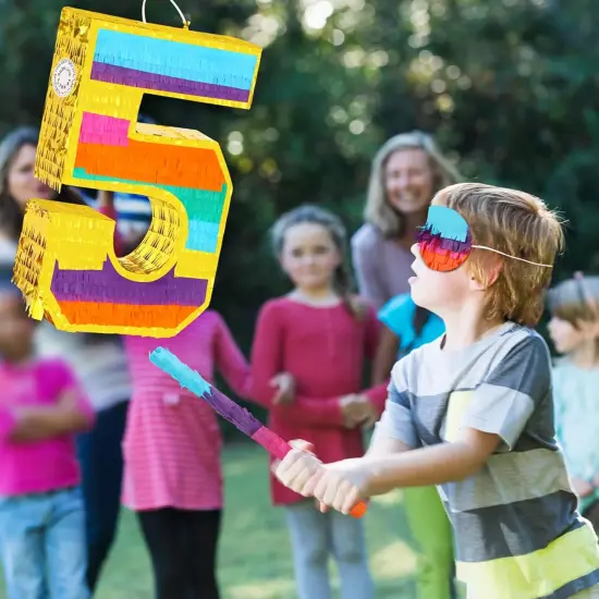 Rainbow Number 5 Pinata with a Blindfold and Bat for Boys Girls 5th Birthday Party, Kids Anniversary Celebration, Fiesta Supplies {4}