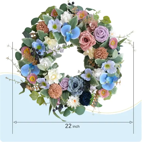 22" Spring & Summer Wreath &ndash; Blue Phalaenopsis, Rose, and Green Leaf Wreath for Front Door, Porch, and Patio Decor {4}