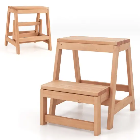 Multipurpose Natural Wooden Foldable 2-Tier Step Stool with H-Shaped Bottom Suitable for Any Small Space {1}