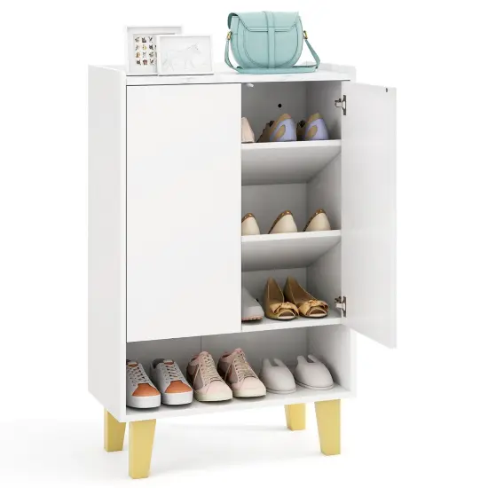 White Wooden 5-Tier Shoe Cabinet with Golden Legs and Flat Tilting Shelves {4}
