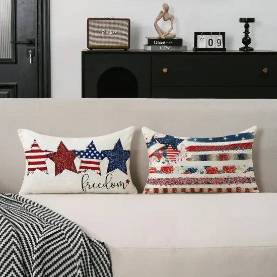 Throw Pillow Covers 12x20 Set of 2 Freedom America Stars Stripes Independence Day Patriotic Throw Lumbar Cushion Cases for Couch Sofa Patio Home Decorations {2}
