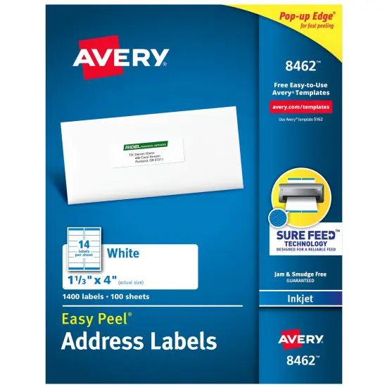 Avery Easy Peel Address Labels, Sure Feed Technology, Permanent Adhesive,1-1/3" x 4", 1,400 Labels (8462) {1}