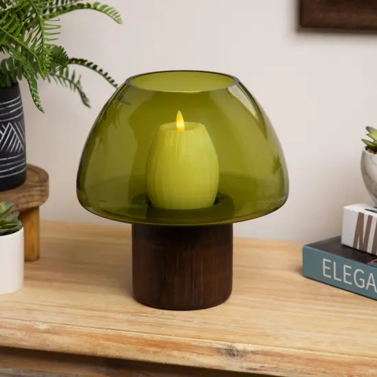 Northlight Transparent Glass Candle Holder with Wooden Base - 9.75" - Olive Green {1}