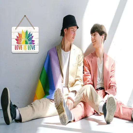 Love is Love Decor Sign 8"x12" Gay Pride LGBTQ Rainbow Door Signs Bisexual Pride Gay Stuff Hanging Signs Gay Lesbian Pride Party Decor Signs for Home Front Door Wreath Porch Wall Decorations {3}