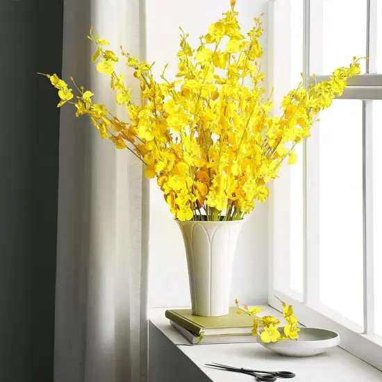 12Pcs Summer Floral Arrangement &ndash; Yellow Artificial Orchids, Dried Silk Faux Dancing Orchids Bouquet for Wedding, Home, Kitchen, and Office Decor {4}