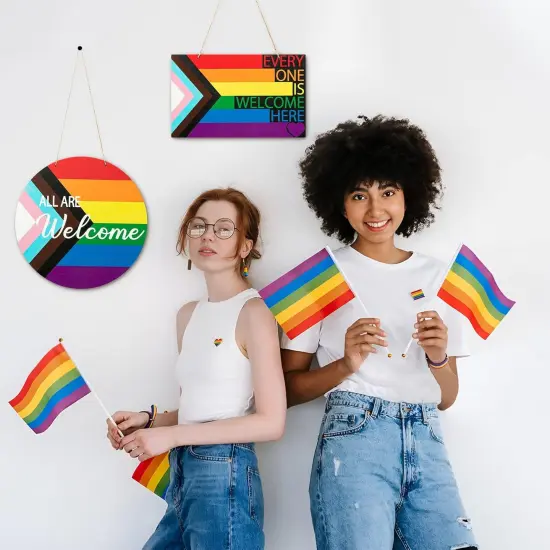 Gay Pride Progress Pride Rainbow Wreath Wooden Hanging Door Sign Decoration - 2Pcs LGBT Wood Door Sign Plaque Gay Pride Day Front Door Wall Porch Wooden Hanging Welcome Decorations Supplies {5}