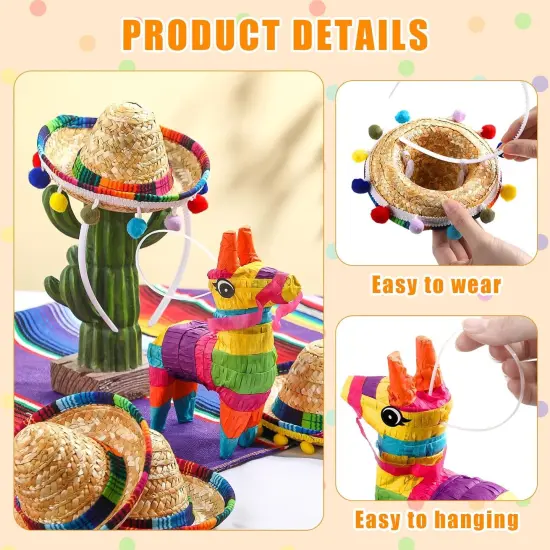 6 Pieces Mini Rainbow Donkey Pi&ntilde;ata 4 x 7 Inch and 6 Pieces Sombrero Hat headbands for Cinco De Mayo Mexican Decorations Carnivals Festivals Taco Tuesday Event Fiesta Supplies(Classic Style) {3}