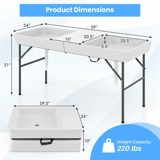 White Folding Ice Cooler Table with Double Sinks and H-Shaped Metal Frame Ideal for Picnic or Wedding {5}