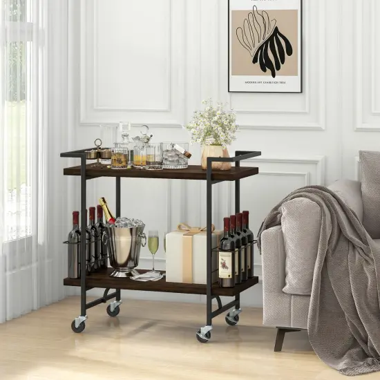 Rustic Brown Engineered Wood Metal 2-Tier Home Bar Cart and Easy Mobility {3}