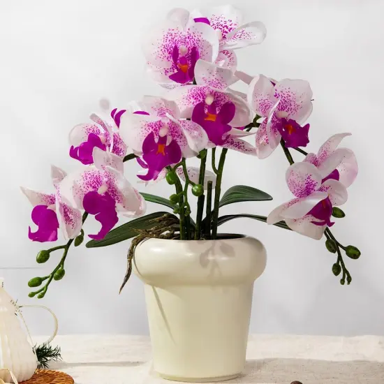 Faux Artificial Orchid Flowers in Vase, Real Touch Orchid in Pot Orquideas Fake Flowers for Home Decoration Indoor Decor Living Room Dinning Table Centerpiece (Cream Vase, White Purple) {1}