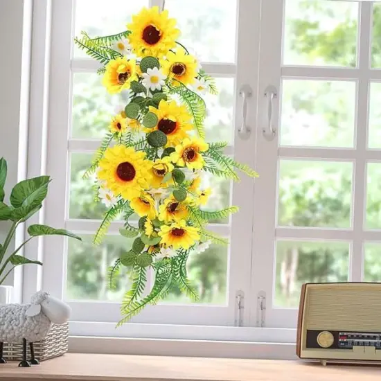 Summer 2PCS Artificial Sunflower Garland – Silk Sunflower Vine with Green Leaves and White Flowers for Home, Kitchen, Garden, and Wedding Arch Decor {5}