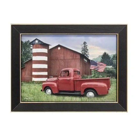 Patriotic Farmhouse Framed Print 5x7 Americana D&eacute;cor with Red Barn, Flag Silo & Vintage Truck {1}