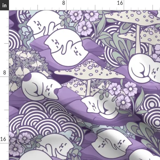 Various Fabrics by the Yard or Fat Quarter Sleeping Cats Whimsical Purple Gray Toadstools Kawaii Kittens Custom Printed Fabric by Spoonflower {2}