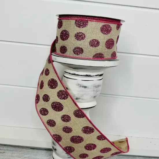 2.5"x10YD Glitter Polka Dots on Natural Ribbon - Pink/Natural - Sparkling Elegance for Crafts and Decor-(RGC187118) {3}