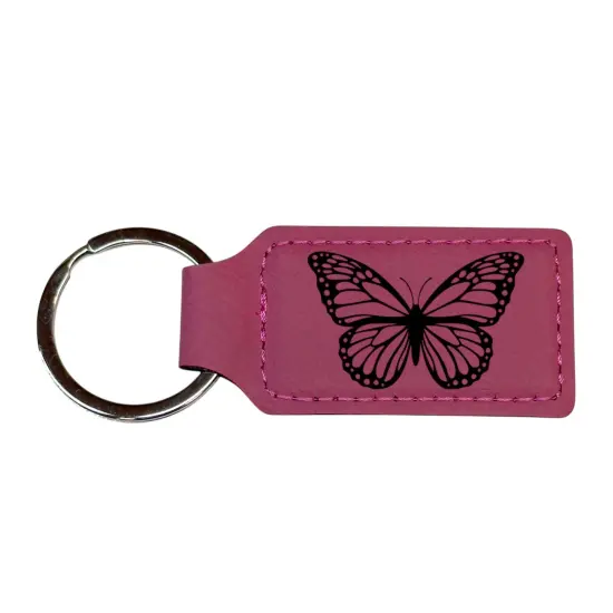 Keychain - Rectangle - Butterfly - Leather Rawhide/Black {2}