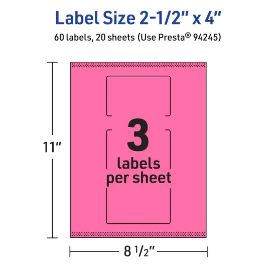 Avery Bright Pink Paper Labels, 2.5" x 4" Rectangle {5}