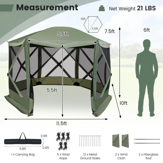 Costway 11.5 X 11.5 FT 6-Sided Pop-up Screen House Tent With 2 Wind Panels for Camping Coffee/Green {3}